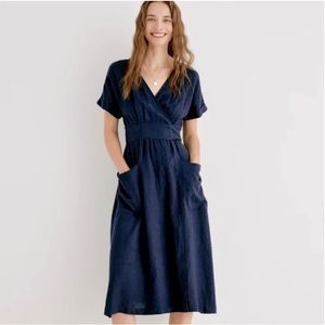 Grae Cove Navy Linen Tie Wrap Dress